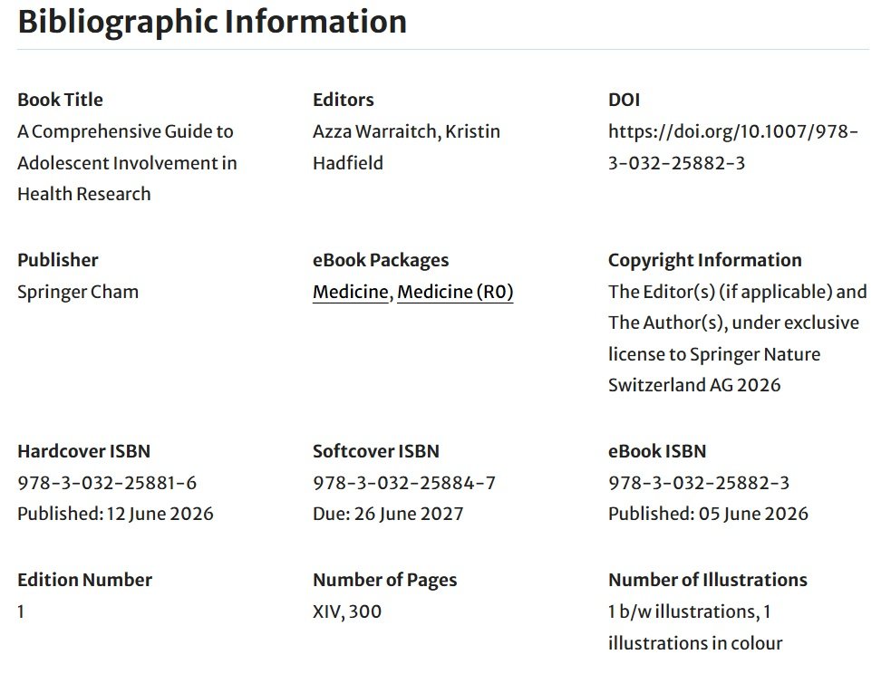 Bibliographic Information of the Book "A comprehensive guide to Adolescent Involvement in Health Research". Ananya Mukesh has contributed to a chapter in this book
