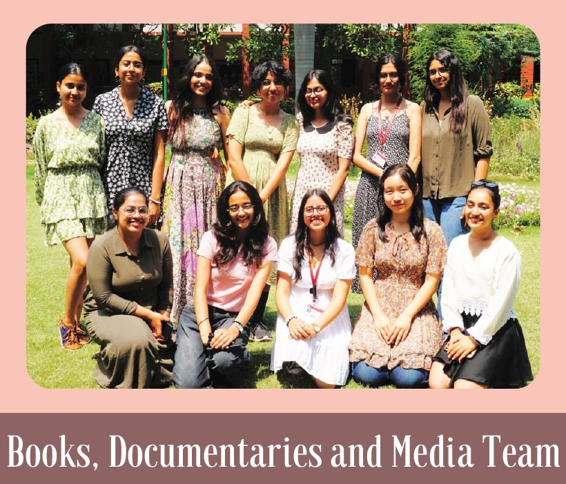 Ananya Mukesh standing in the centre in a yellow dress along with her fellow team members of Book, Documentaries and Media in LSR, Delhi