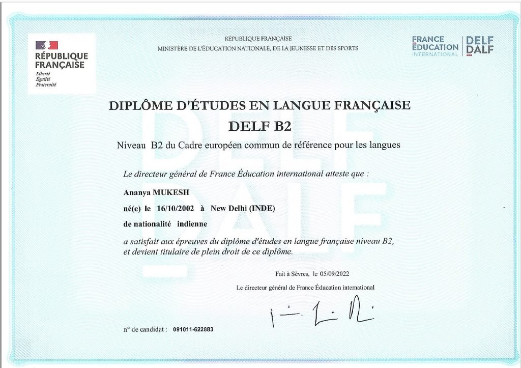 DELF B2 Certificate issued to Ananya Mukesh by France Education International on 05 September 2022