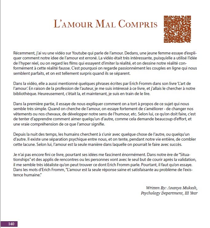 An article L'Amour Mal Compris written by Ananya Mukesh in 2024 was published in The College Magazine, Lady Shriram College for Women