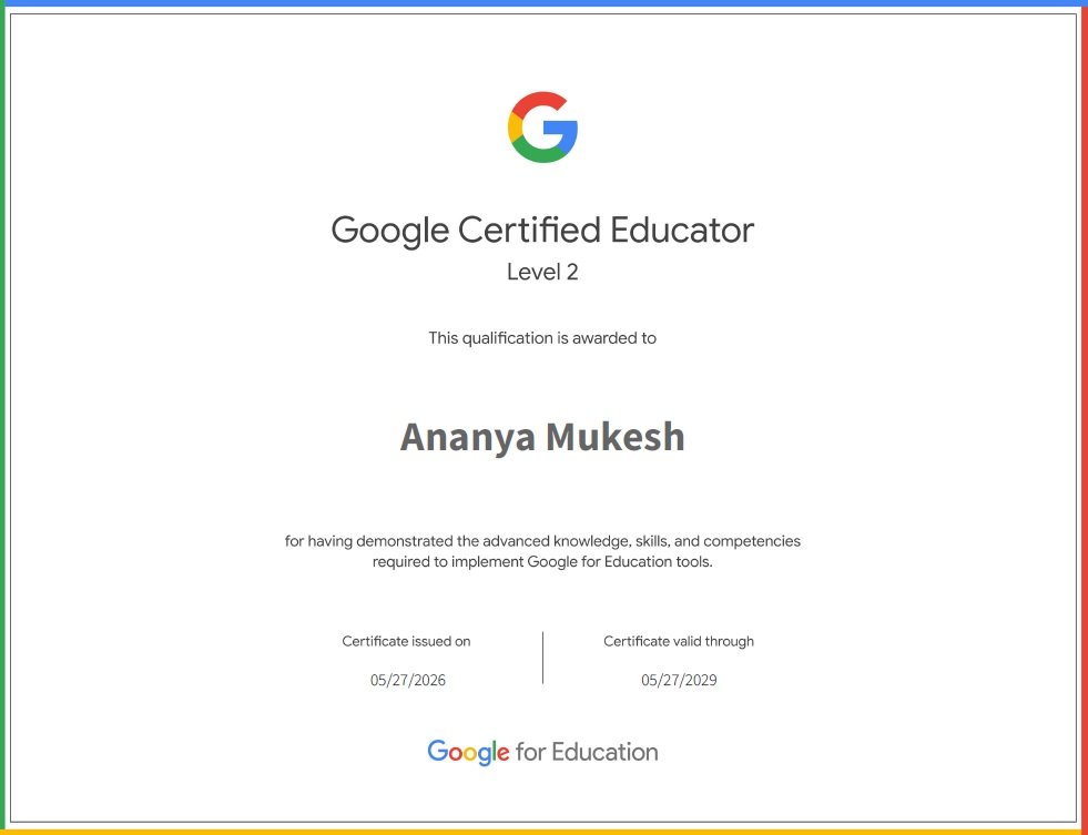 Google Certificate Educator Level 2 Certificate awarded by Google for Ananya Mukesh. Issued on 27 May 2026 and valid till 26 May 2029