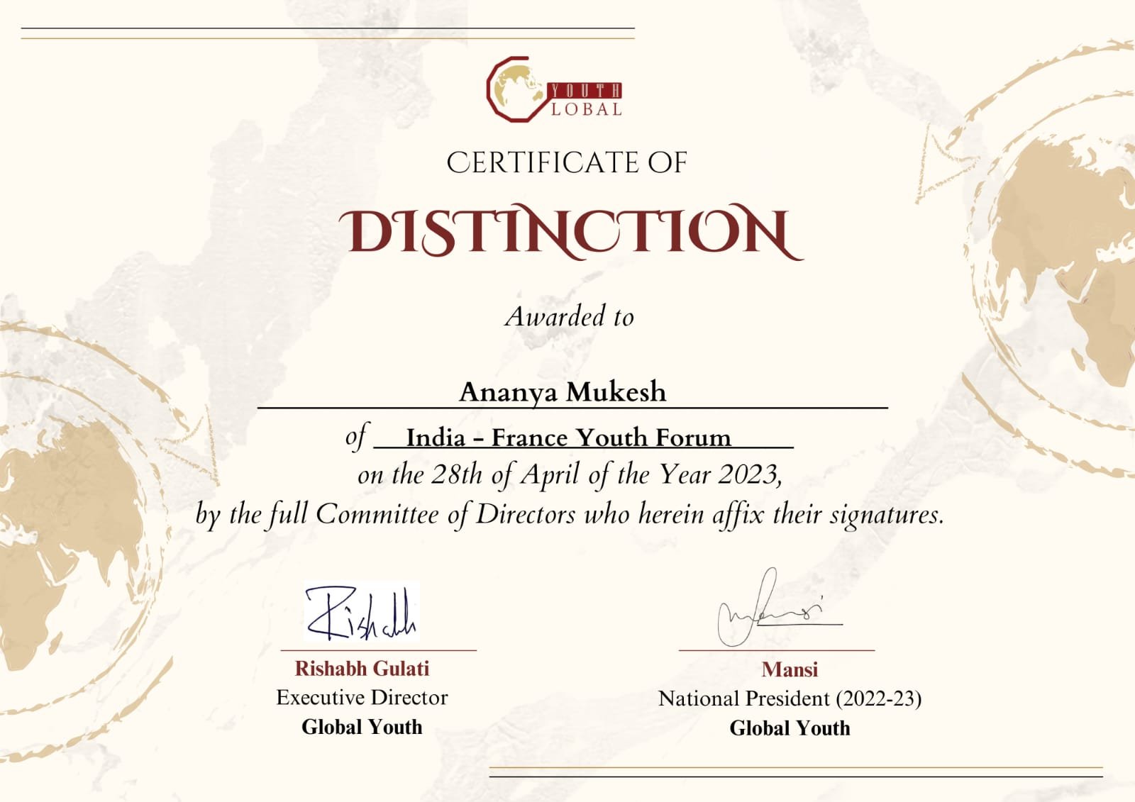 Certificate of Distinction awarded by Indo France Youth Award to Ananya Mukesh on 28 April 2023 by National President