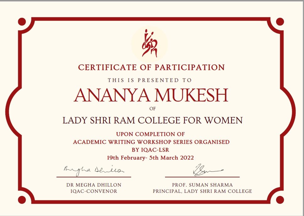 Participation Certificate issued to Ananya Mukesh upon completion of Academic Writing Workshop Series organised by Internal Quality Assurance Cell, LSR, Delhi, India conducted between 19 February 2022 to 04 March 2022