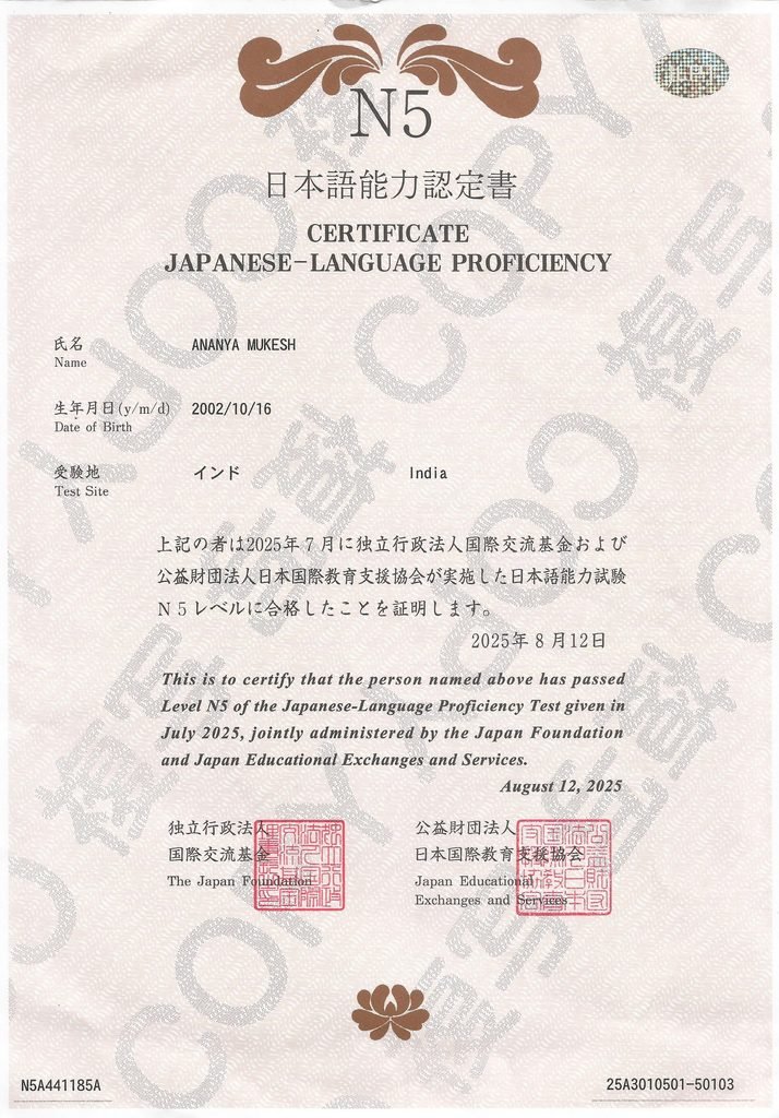 Japanese Language Proficiency N5 level certificate awarded to Ananya Mukesh on 12 August 2025
