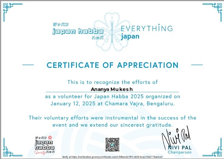 Ananya Mukesh for volunteering in Yukata stall during Japan Habba, a cultural festival organised at Bengaluru, India in January 2025