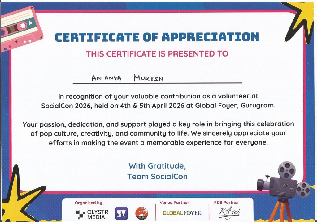 Certificate of Appreciation awarded to Ananya Mukesh by Social Con, Gurugram, India for volunteering at Yukata stall in Jan 2026