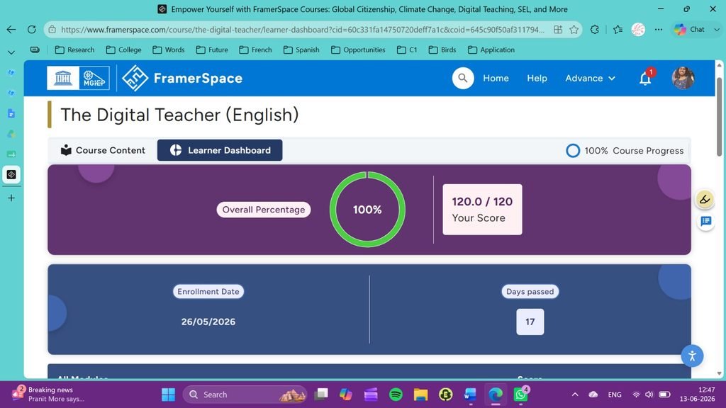 Dashboard of the Digital Teacher (English) course after completion by Ananya Mukesh