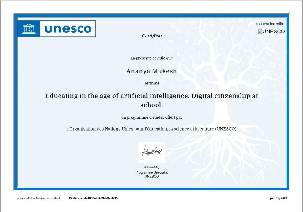 UNESCO awards certificate to Ananya Mukesh after completing the course "Education in the age of AI: Digital Citizenship at School" on 15 June 2026