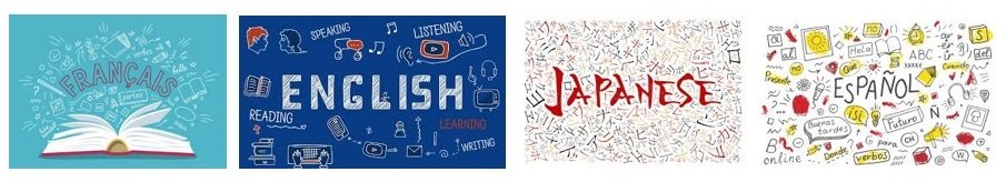 Four Languages (French, English, Japanese and Spanish) as a collage with their alphabets